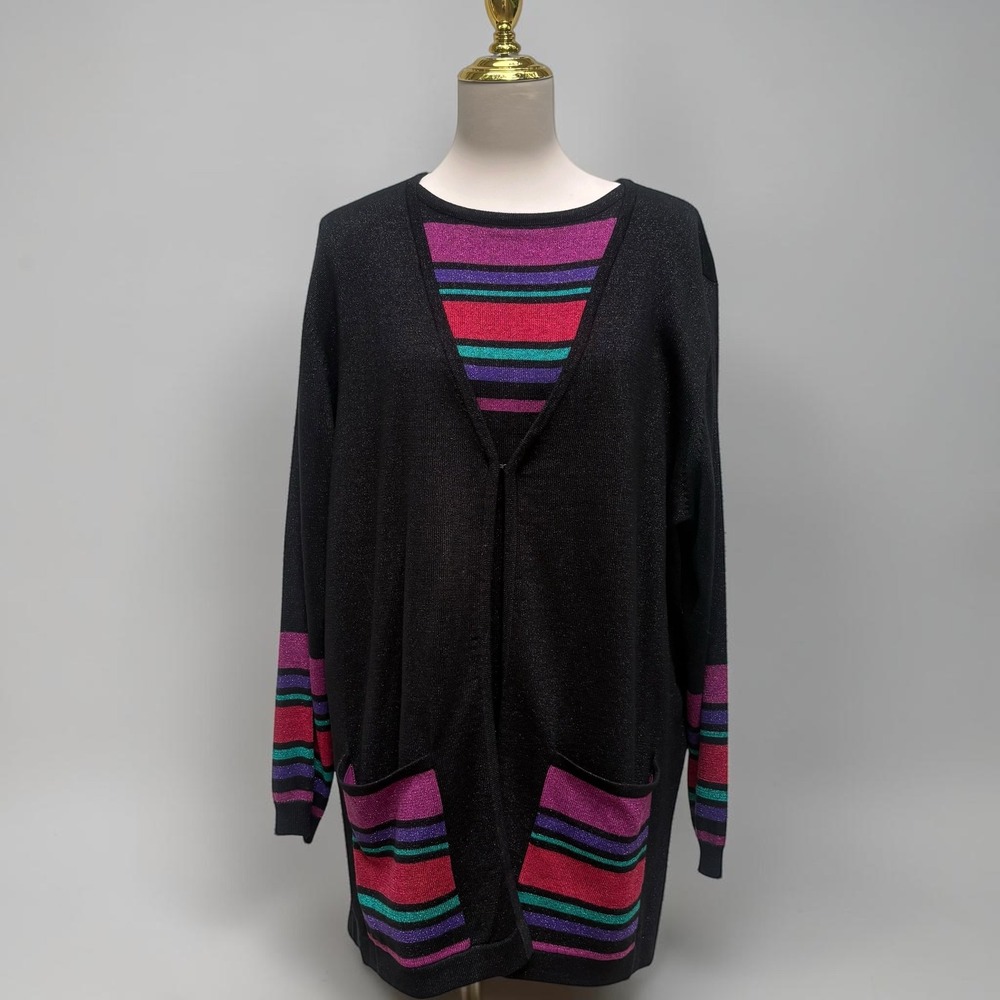 VTG Bob Mackie Cardigan Tank Set 1X Black Metallic Striped Wearable Art Artsy